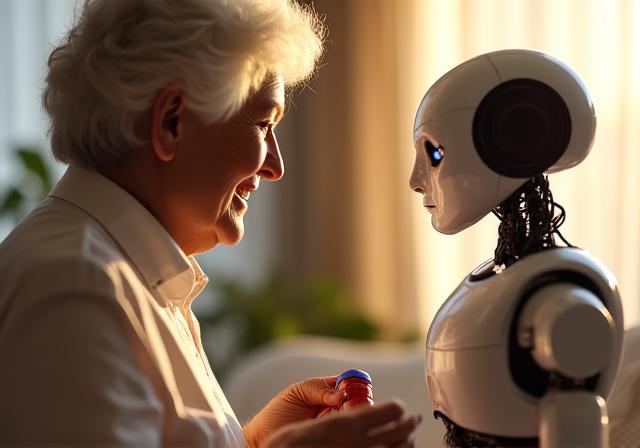 Senior woman smiling while interacting with a friendly robot assistant